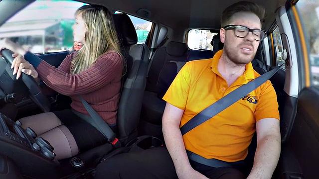 Curvy babe sucks off and rides driving instructor in car