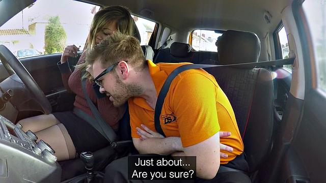 Curvy babe sucks off and rides driving instructor in car