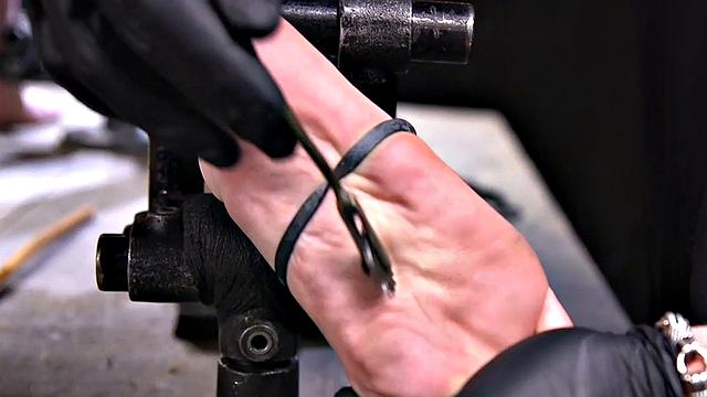 Feet tormented BDSM sub screaming in lesson with the master