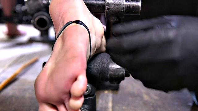 Feet tormented BDSM sub screaming in lesson with the master