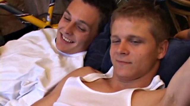 Lucas joins Gunner who is back watching a porn video. After they stroke up their boners, Gunner and Lucas exchange blow jobs. Then Gunner turns Lucas over and fucks his tight ass until Lucas blows a huge cum load onto his belly.