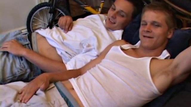 Lucas joins Gunner who is back watching a porn video. After they stroke up their boners, Gunner and Lucas exchange blow jobs. Then Gunner turns Lucas over and fucks his tight ass until Lucas blows a huge cum load onto his belly.