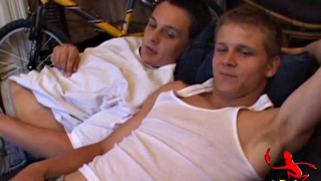 Lucas joins Gunner who is back watching a porn video. After they stroke up their boners, Gunner and Lucas exchange blow jobs. Then Gunner turns Lucas over and fucks his tight ass until Lucas blows a huge cum load onto his belly.