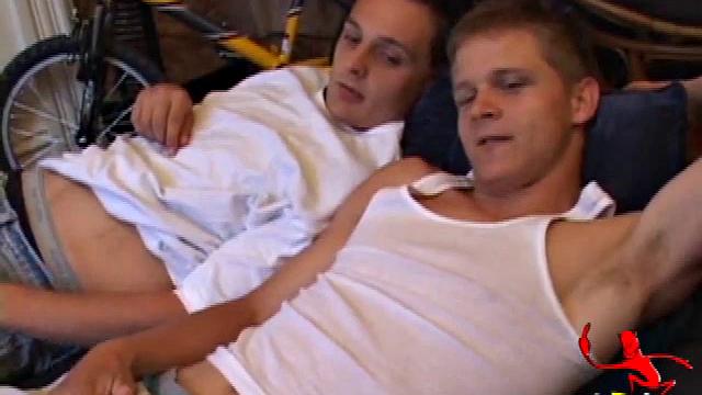 Lucas joins Gunner who is back watching a porn video. After they stroke up their boners, Gunner and Lucas exchange blow jobs. Then Gunner turns Lucas over and fucks his tight ass until Lucas blows a huge cum load onto his belly.