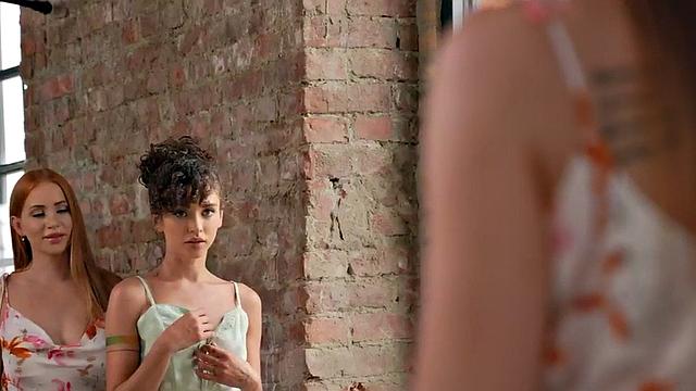 Tiny curly-haired dyke fingering her redhead BFF's pussy