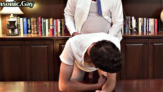 Suited mason fucks twink in office after cocksucking