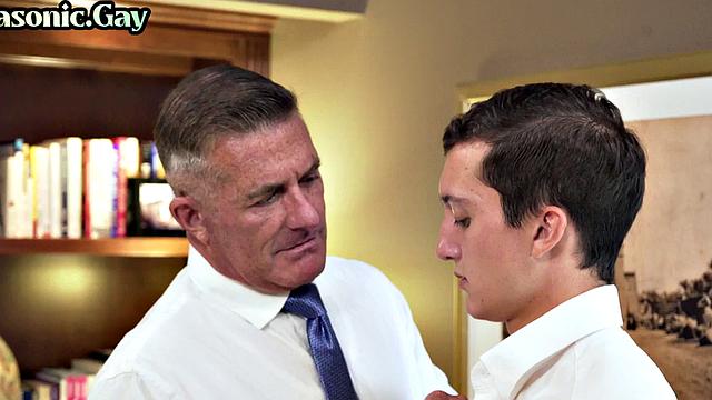 Suited mason fucks twink in office after cocksucking