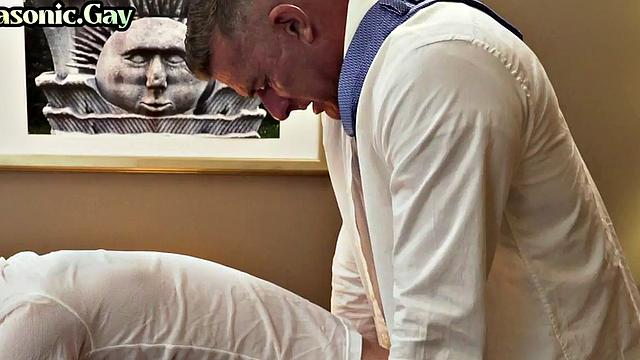 Suited mason fucks twink in office after cocksucking