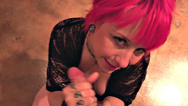 BJ pink hair slut deep sucks boyfriend's cock in closeup POV