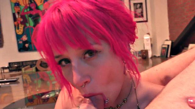 BJ pink hair slut deep sucks boyfriend's cock in closeup POV