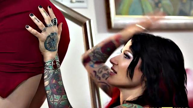 Watch busty blonde babe get down and dirty with her pierced and tattooed GF