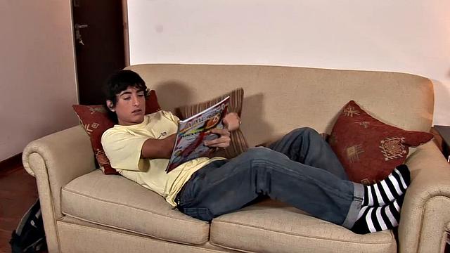 Our featured solo boy of the week is Francoise at Twink Boys Party. This slim and smooth Latino gets comfortable on the sofa with a magazine for stimulation.