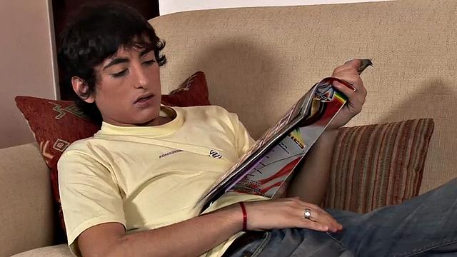 Our featured solo boy of the week is Francoise at Twink Boys Party. This slim and smooth Latino gets comfortable on the sofa with a magazine for stimulation.