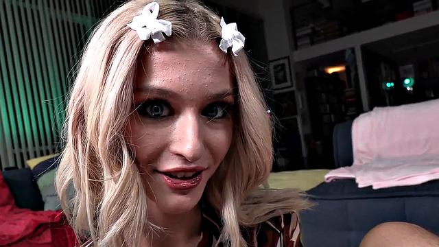 HJ inked babe jerks oiled POV dong while talking dirty