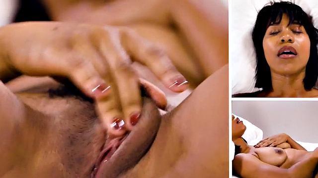 Solo ebony babe pleasing herself before intense orgasm