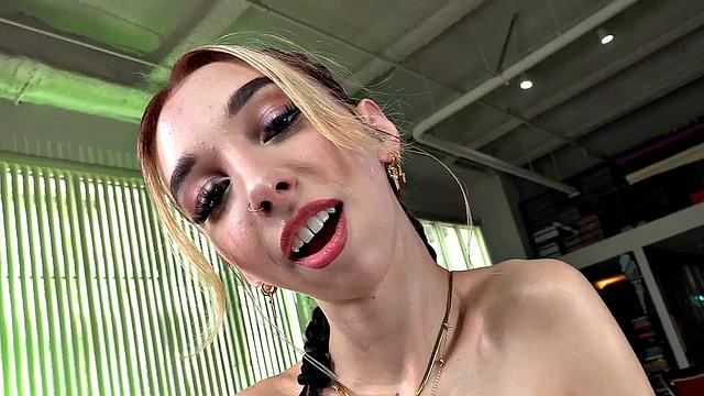 Petite alt babe stroking boyfriend's oiled cock before riding it