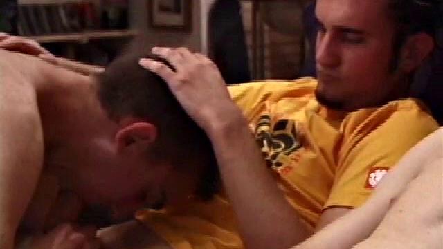 Adam, Chad, and Lukas waste no time in stripping off and getting down to it. Lukas rubs Adam's groin while Chad pulls his pants down and starts rubbing his dick.