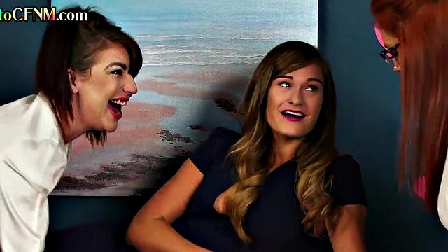 CFNM British dominas suck lucky guy in group HJ