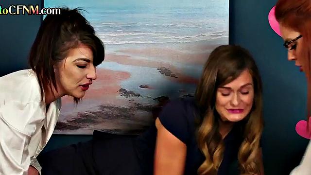 CFNM British dominas suck lucky guy in group HJ