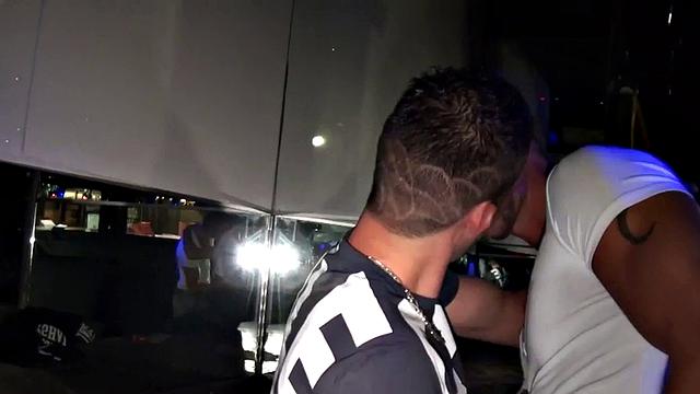 DP gay bottom smashed in public gay club 3some