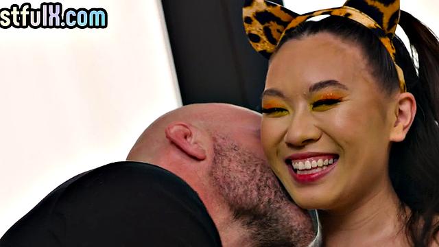 Cosplay petite Korean babe sucks balls and gets fucked by Mofo