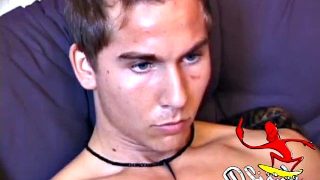 Young amateur Brock strips down in a porn video and strokes his hard cock, edging himself until he explodes an amazing cum load onto his face and chest.