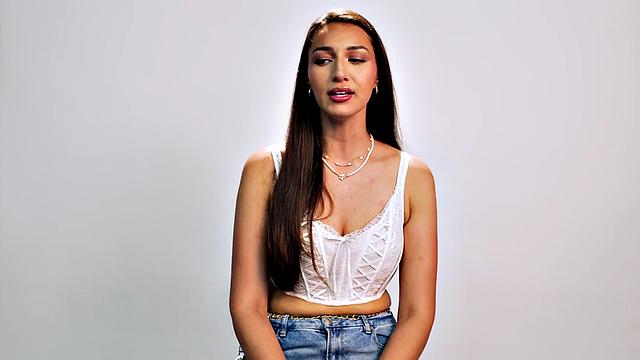 Big-titted babe solo masturbating after casting