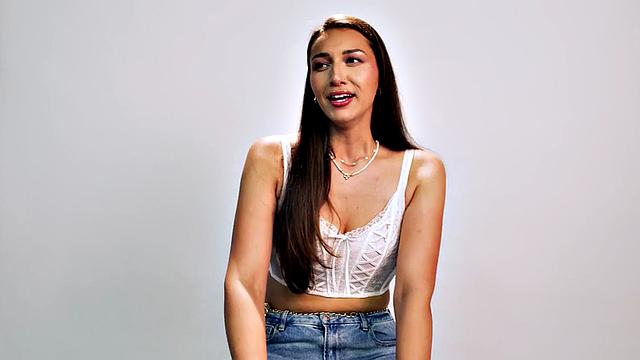 Big-titted babe solo masturbating after casting