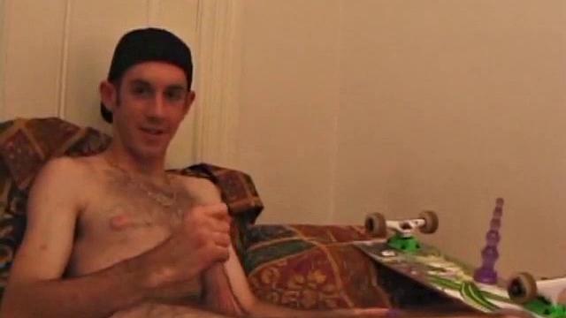 When Tag returns from skateboarding he heads to the bedroom and turns on a video. He begins stripping down and his growing cock flops out. Tag pulls out a couple of sex toys.