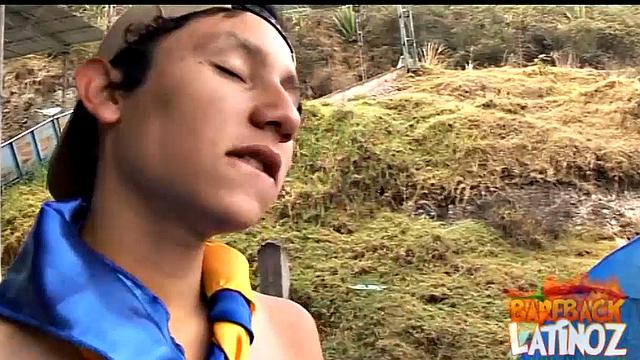 Four Latin twinks camping on a rural mountain side, urge to play, clothes stripping off.