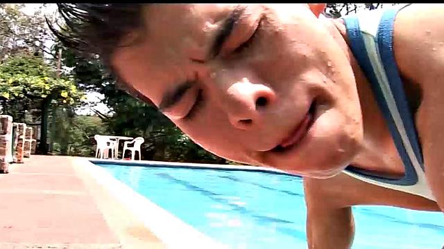 Gay Latin twink Fabio has a boner for some bareback sex. He invites his buddy Oscar over for a swim in the pool. After a few laps, these boys can't hold back the urge to fuck anymore and go at each other pool side.