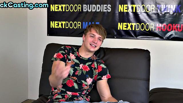 Solo handsome stud jerks cock on casting interview