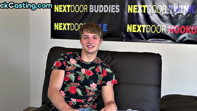 Solo handsome stud jerks cock on casting interview