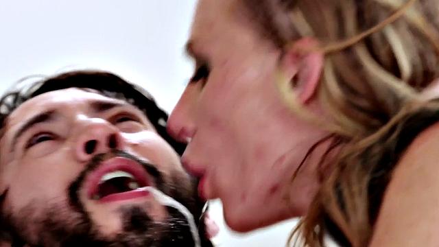 Deepthroating busty MILF gets roughly drilled in both holes