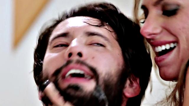 Deepthroating busty MILF gets roughly drilled in both holes