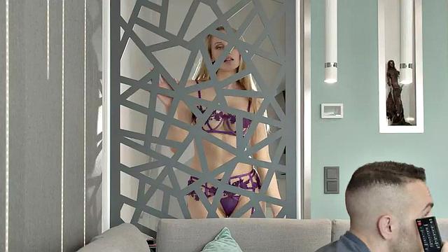 Busty desirable babe in lingerie rides man after kissing