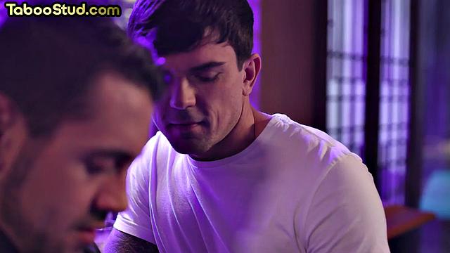 Busty stud analdrilled by muscled man