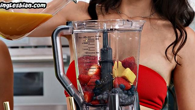 Stunning yoga babe pleased in kitchen by her curvy GF