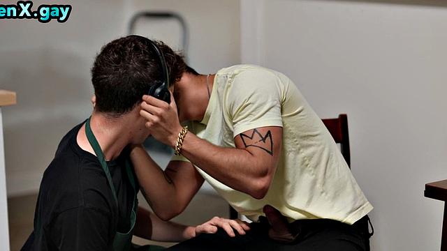Manly stud bareback fucks 21yo twink waiter at work