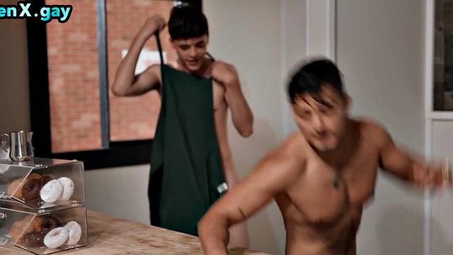 Manly stud bareback fucks 21yo twink waiter at work