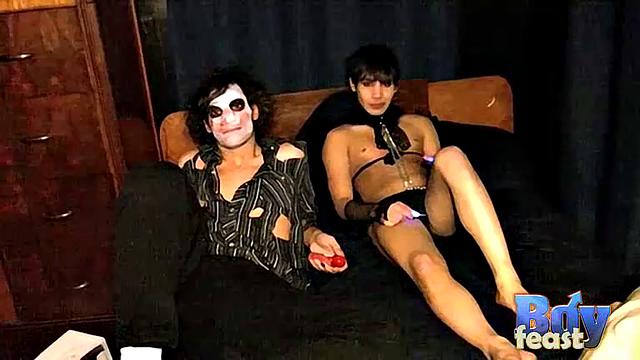Tristan and Angel in wild gay costume party hookup, hard cocks out and bodies grinding all night