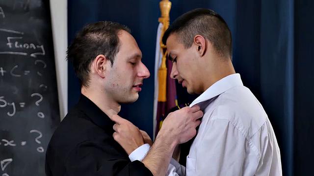 Young Will Sims likes older guys and has always had a thing for Victor, so he decides to see if he can entice the priest. At his desk, Will pulls out his hard and soon the two are kissing passionately.