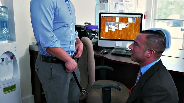 Horny boss watches employees pleasure each other's assholes in the office