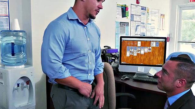 Horny boss watches employees pleasure each other's assholes in the office