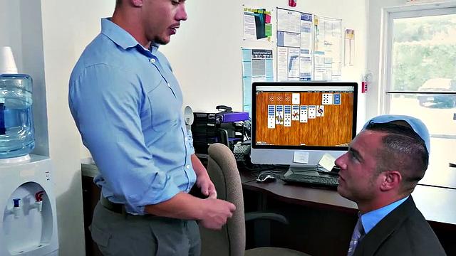 Horny boss watches employees pleasure each other's assholes in the office