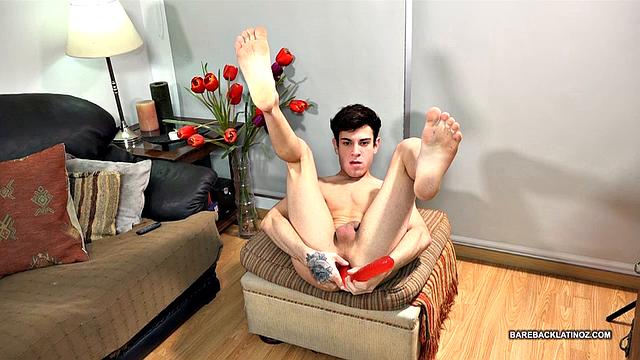 Our featured solo boy of the week is slim and smooth bottom boy Swan. It doesn't take long for him to strip naked and show the double-headed dildo he'll be using.
