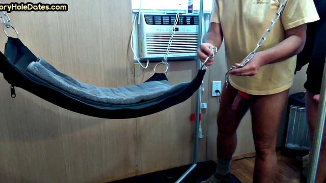 Gloryhole gaydaddy barebacked in sling by BF at home