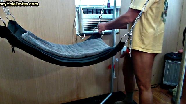 Gloryhole gaydaddy barebacked in sling by BF at home