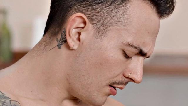 Inked solo eager jock wanks and cums after casting