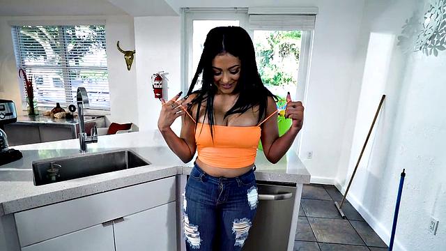 Kinky couple films busty maid POV blowjob before fucking in the kitchen